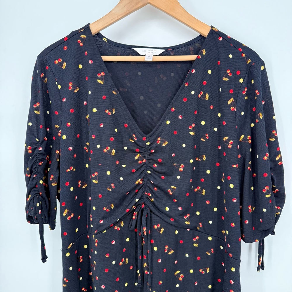 LC Lauren Conrad Black Cherry Print Dress XL Ruched Mini Rockabilly Retro Pinup - Picture 4 of 14